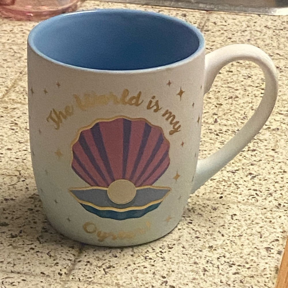 Luna & Sage Coffee Mug Cup The World Is My Oyster  Pink Blue Gold Graphic Shell
